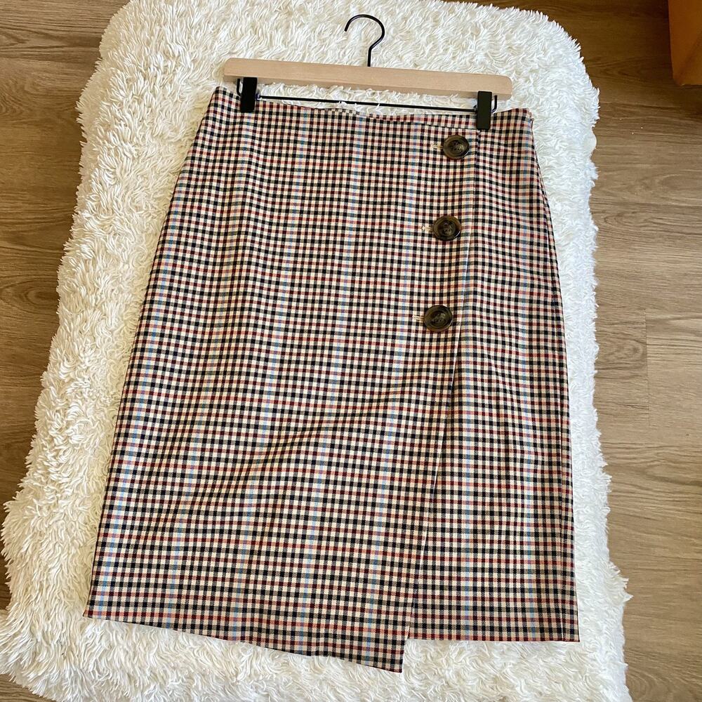 Ann Taylor Factory Plaid Faux Wrap Front Skirt Button Closure Size 6P - Picture 6 of 11